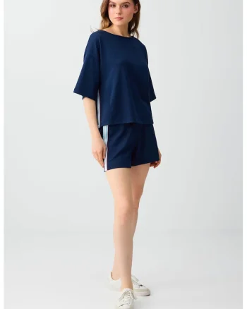 Pantaloni scurti din amestec de modal cu banda contrastanta, Alb optic/Bleumarin