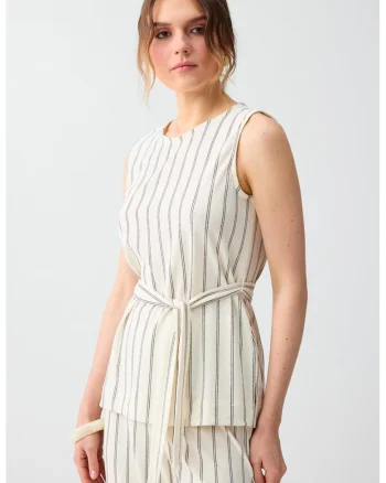 Bluza din amestec de lyocell, fara maneci, cu dungi, Alb murdar