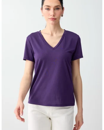 Tricou din amestec de modal cu decolteu in V, Lila