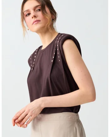 Bluza fara maneci cu umeri intariti, Maro pamantiu