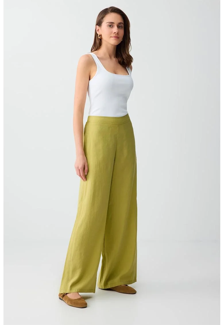 Pantaloni drepti uni cu talie medie, Verde masliniu