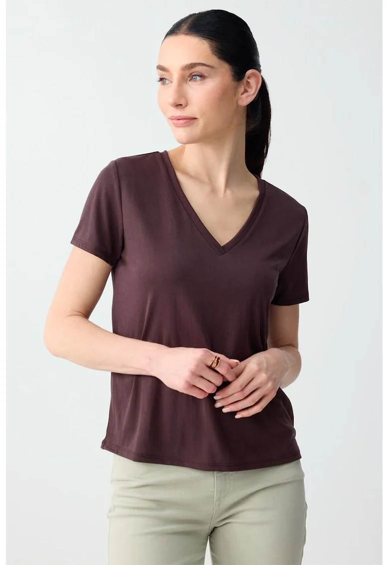 Tricou din amestec de modal cu decolteu in V, Maro pamantiu