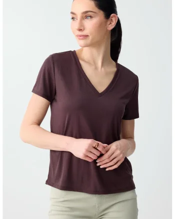Tricou din amestec de modal cu decolteu in V, Maro pamantiu