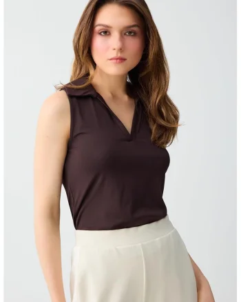 Bluza polo cu decolteu in V, Maro pamantiu
