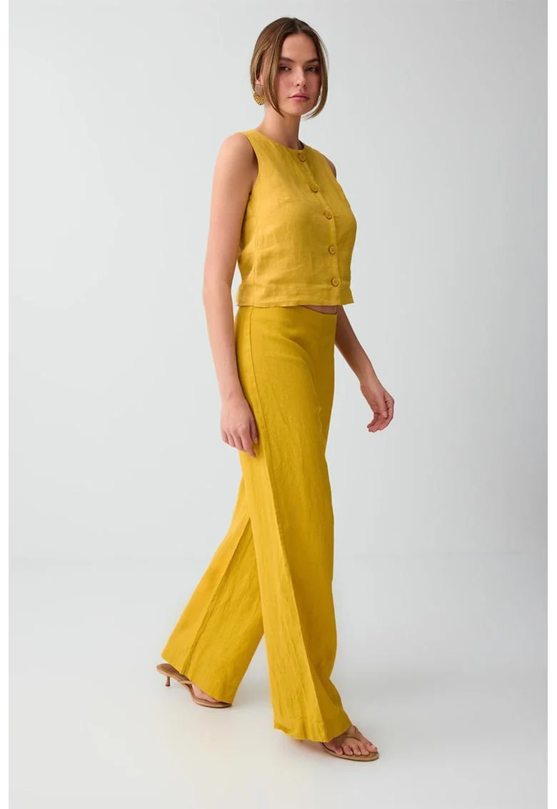 Pantaloni drepti de in cu fermoar lateral, Galben