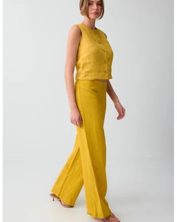 Pantaloni drepti de in cu fermoar lateral, Galben