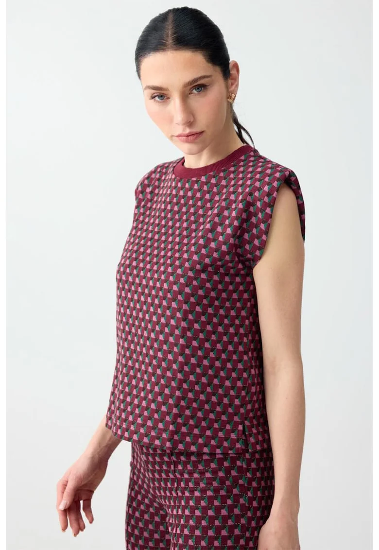 Tricou cu umeri accentuati si model geometric, Rosu/Verde