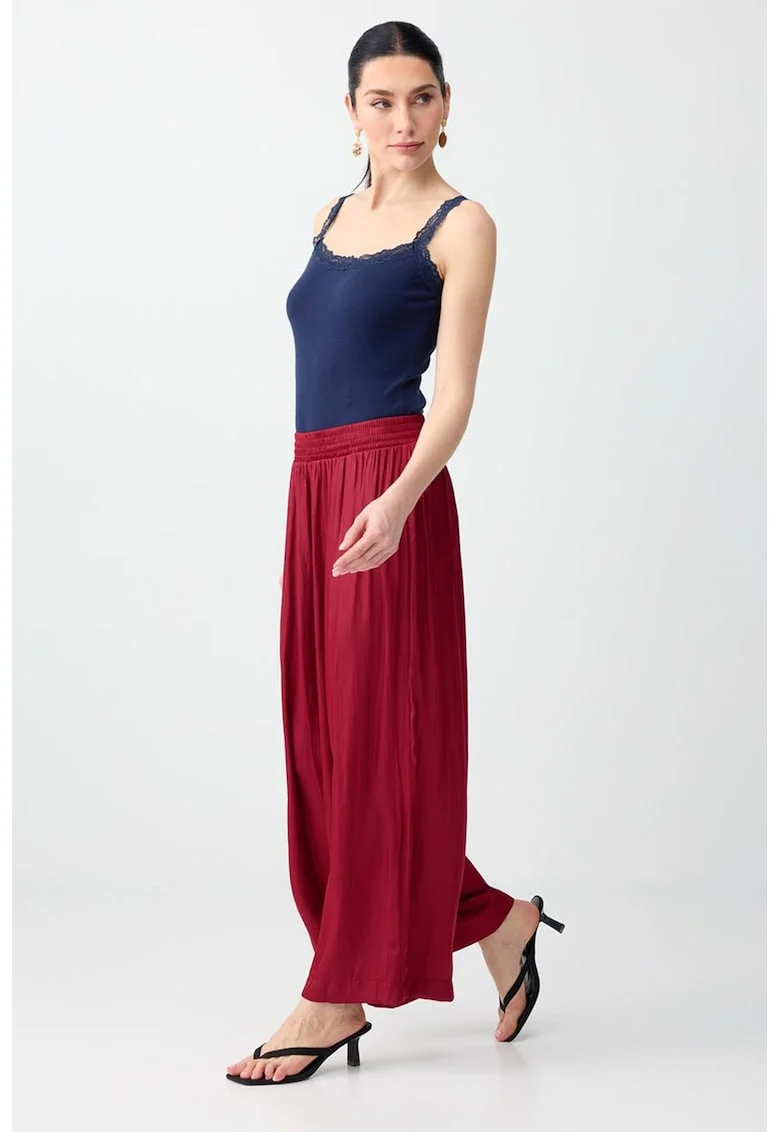 Pantaloni de satin cu croiala ampla si talie inalta, Rosu