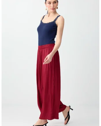 Pantaloni de satin cu croiala ampla si talie inalta, Rosu