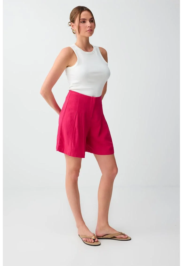Pantaloni scurti din amestec de in cu pliuri, Roz aprins