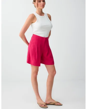Pantaloni scurti din amestec de in cu pliuri, Roz aprins