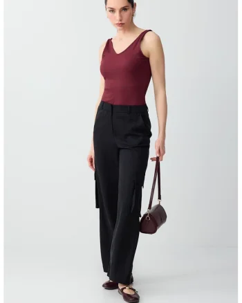 Pantaloni cargo din lyocell, cu talie inalta, Negru