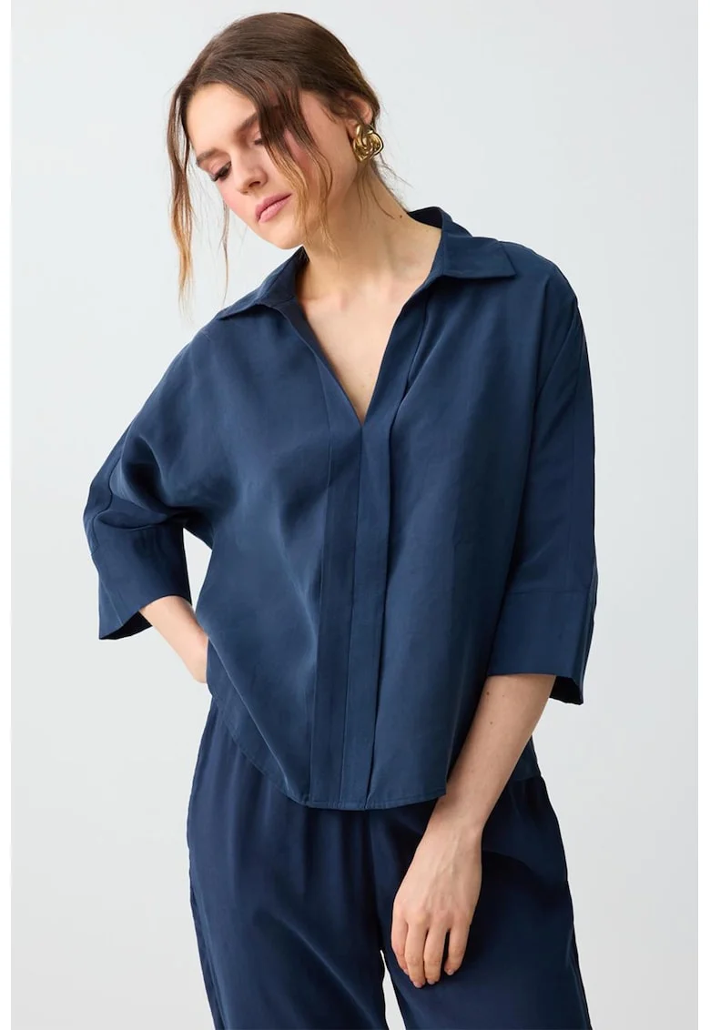 Bluza din amestec de modal cu maneci trei sferturi, Albastru inchis