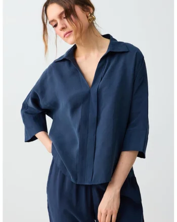 Bluza din amestec de modal cu maneci trei sferturi, Albastru inchis