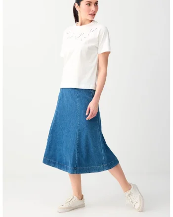 Fusta midi din denim cu croiala pe bie, Albastru pastel
