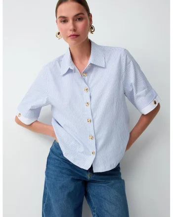 Camasa crop cu dungi, Albastru pastel