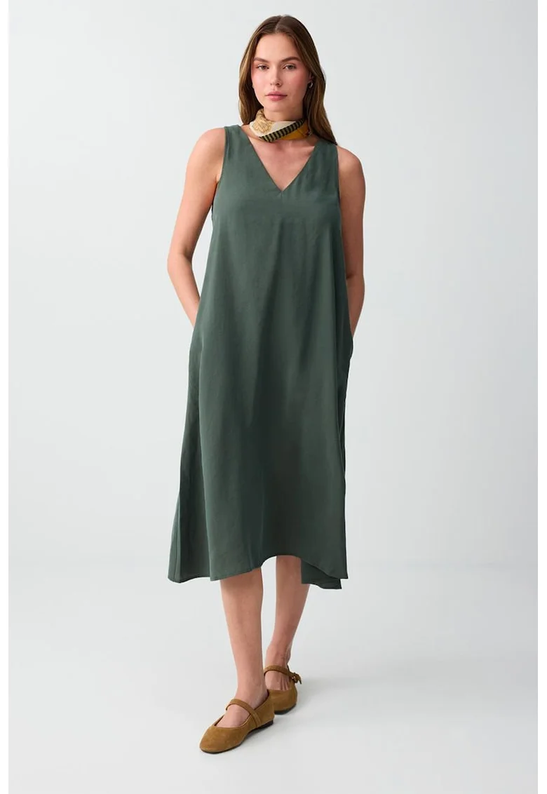 Rochie cu decolteu in V si buzunare, Verde englez