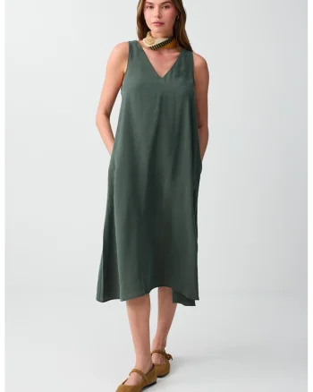 Rochie cu decolteu in V si buzunare, Verde englez
