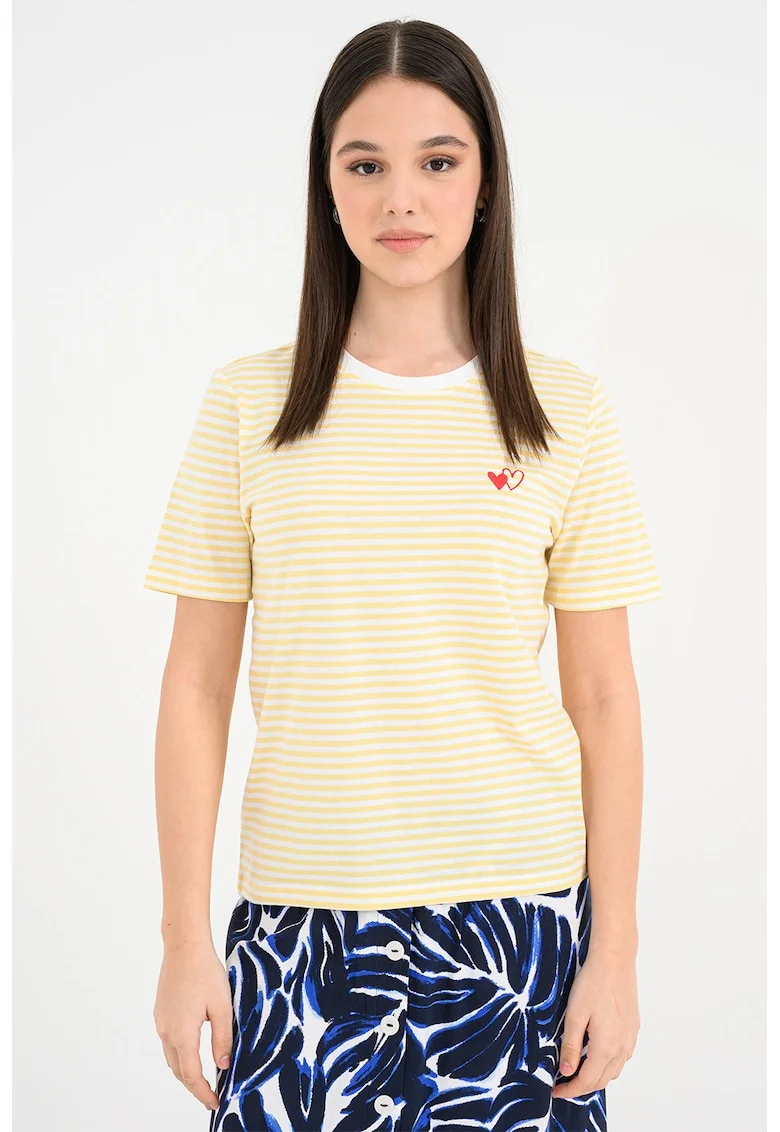 Tricou de bumbac organic cu decolteu la baza gatului, Alb/Galben