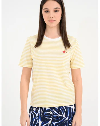 Tricou de bumbac organic cu decolteu la baza gatului, Alb/Galben