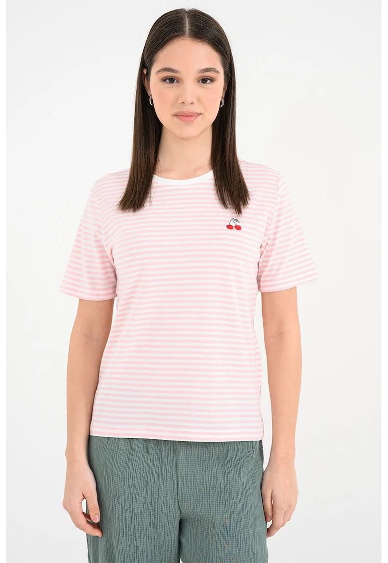 Tricou de bumbac organic cu decolteu la baza gatului, Alb/Roz pastel