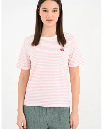 Tricou de bumbac organic cu decolteu la baza gatului, Alb/Roz pastel
