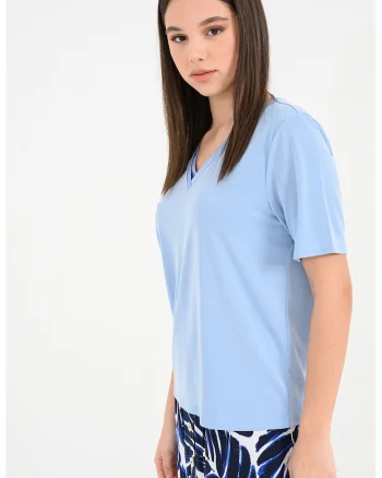 Tricou din amestec de modal cu decolteu in V, Albastru lavanda