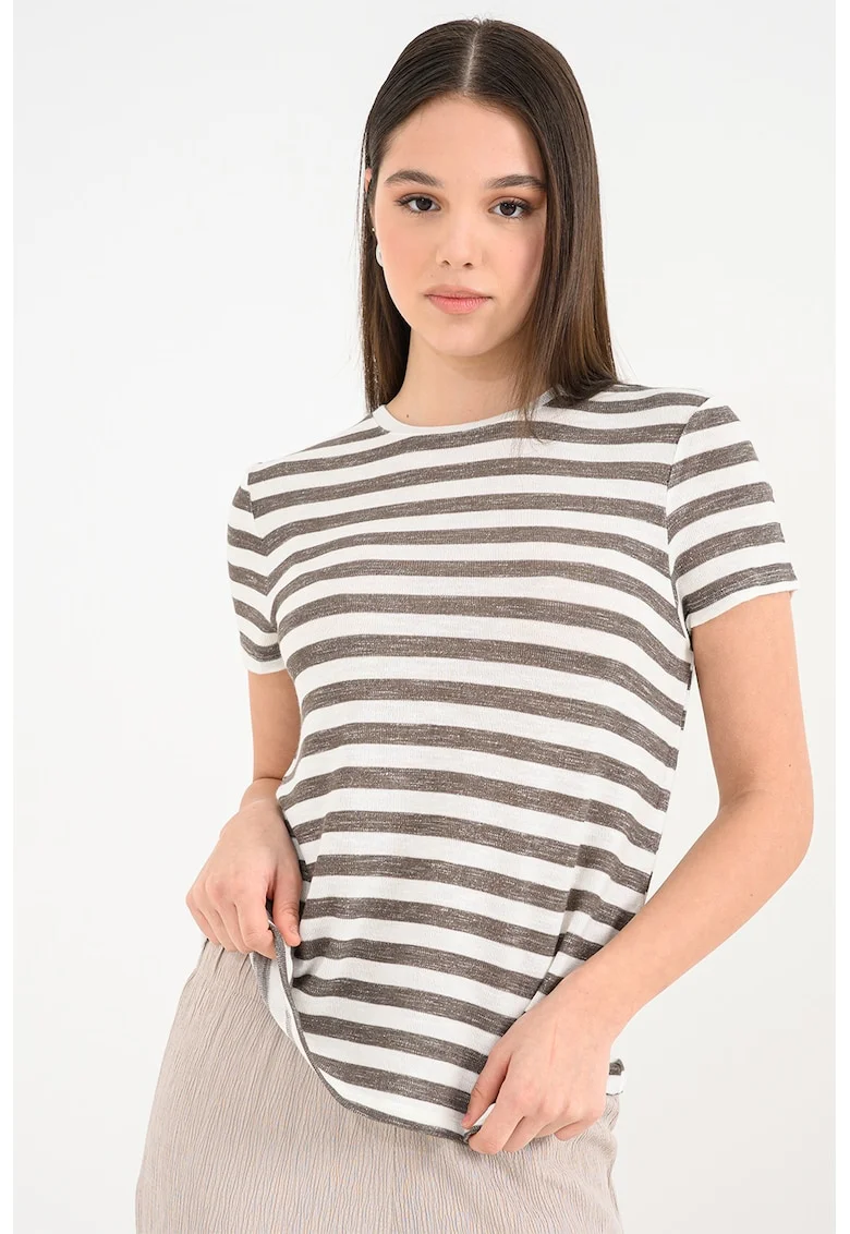 Tricou cu dungi si decolteu la baza gatului Liran, Alb/Kaki inchis