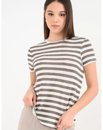 Tricou cu dungi si decolteu la baza gatului Liran, Alb/Kaki inchis