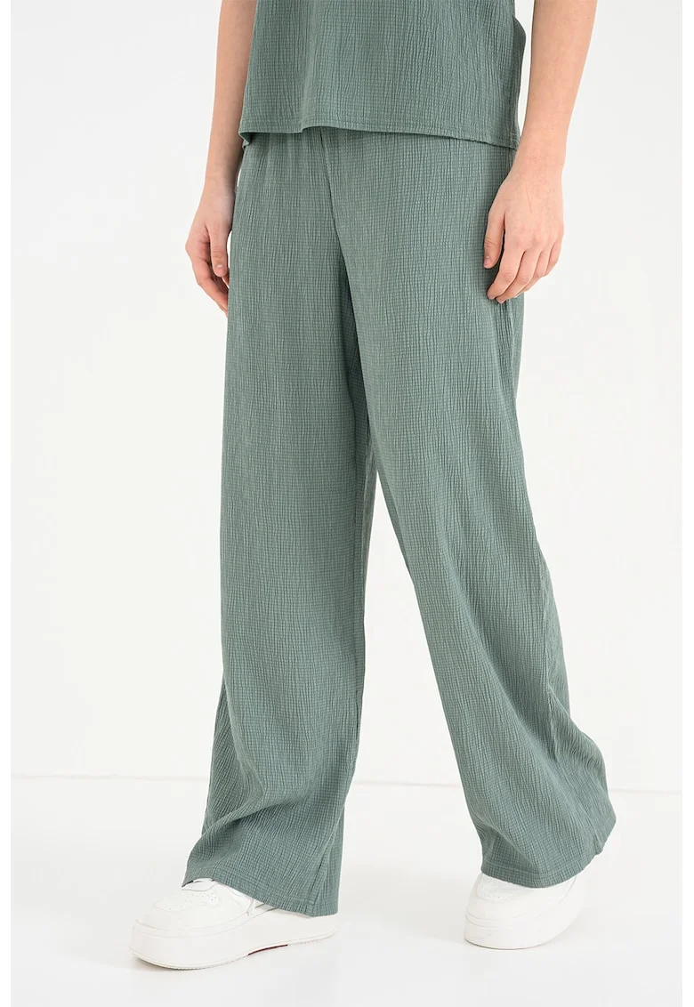 Pantaloni texturati cu croiala ampla si talie elastica Kaylie, Verde aquamarin