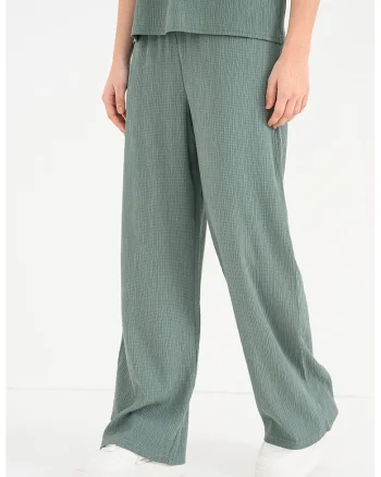Pantaloni texturati cu croiala ampla si talie elastica Kaylie, Verde aquamarin