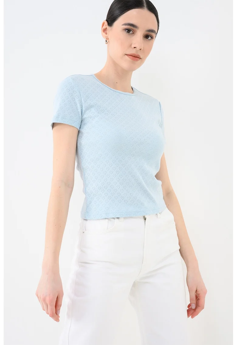 Tricou crop cu imprimeu, Albastru deschis