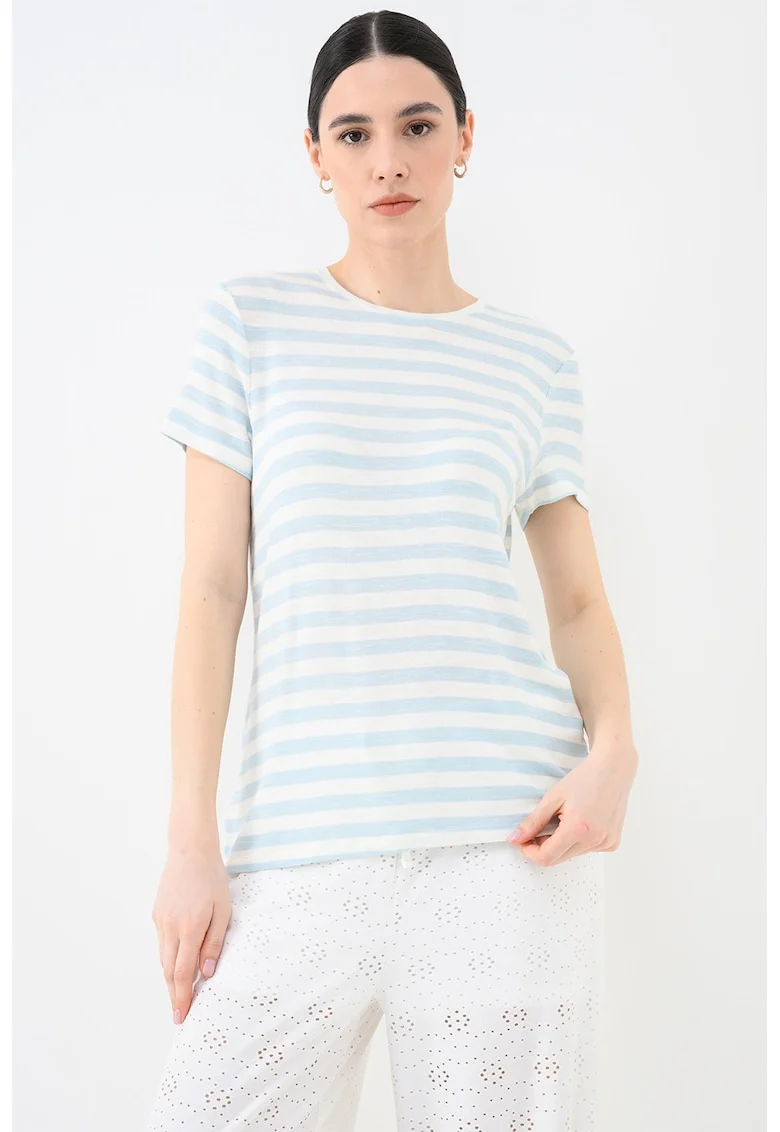 Tricou cu dungi si decolteu la baza gatului Liran, Alb/Albastru lavanda