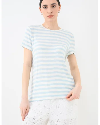 Tricou cu dungi si decolteu la baza gatului Liran, Alb/Albastru lavanda