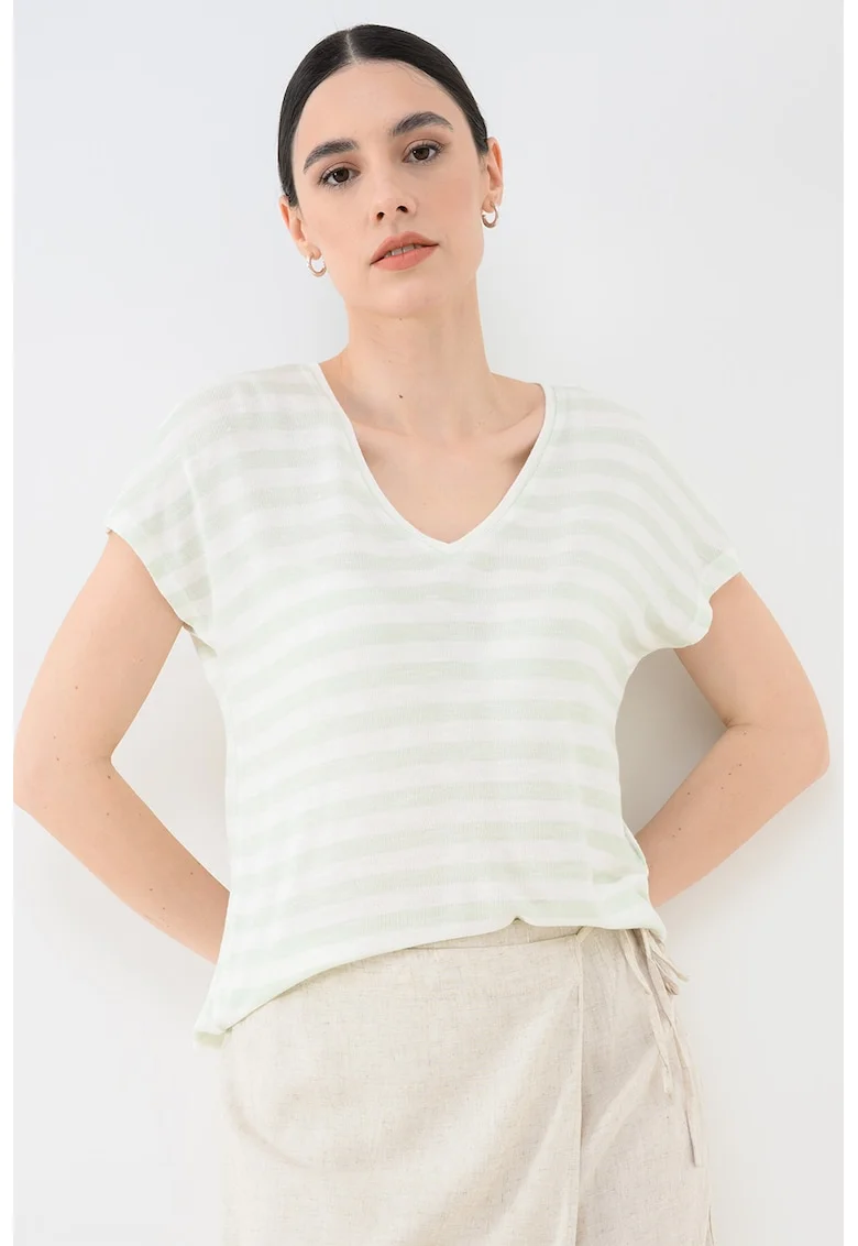 Tricou cu dungi si decolteu in V, Alb/Verde pal