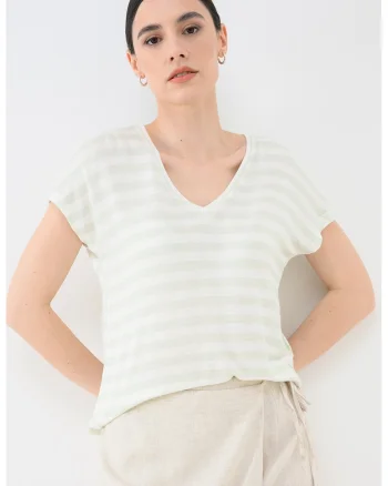 Tricou cu dungi si decolteu in V, Alb/Verde pal