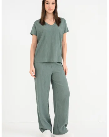 Bluza texturata cu maneci scurte si decolteu in V, Verde aquamarin