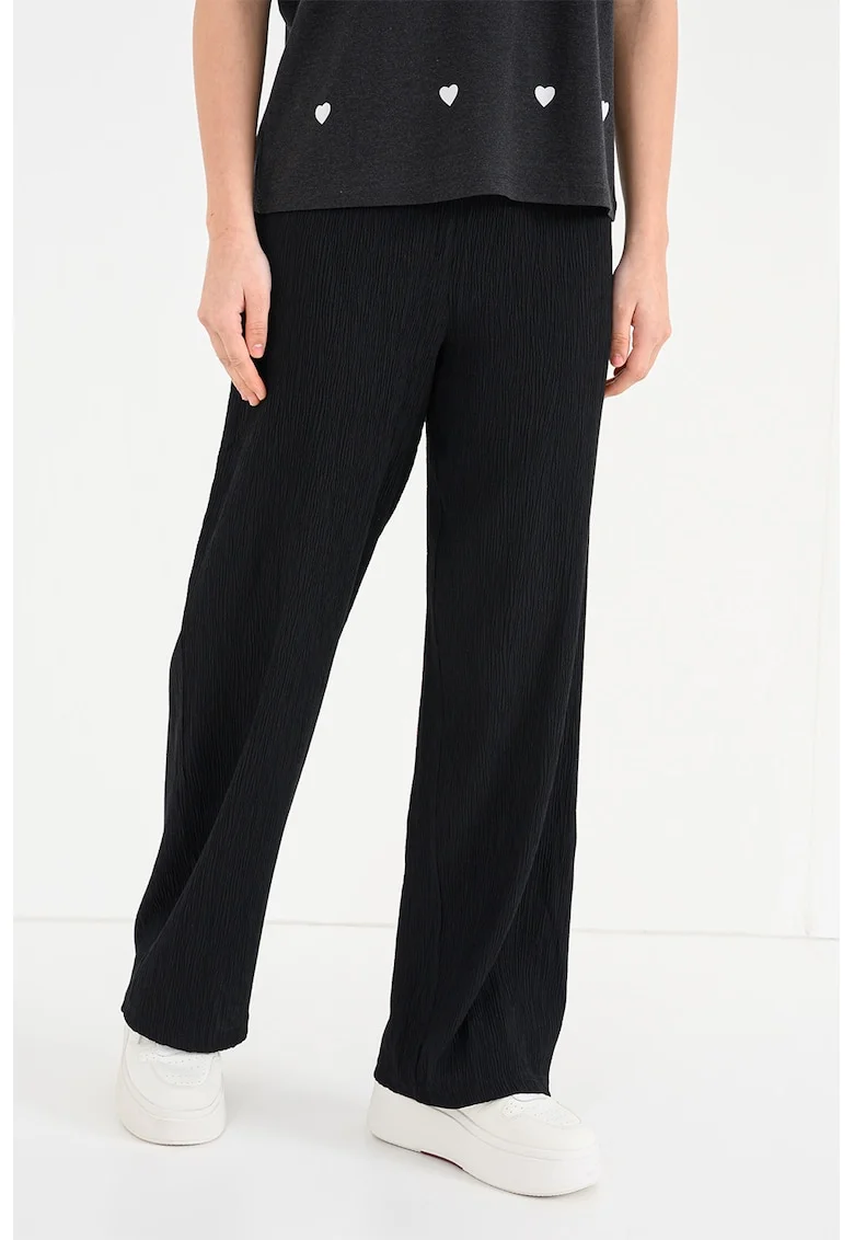 Pantaloni texturati cu croiala ampla si talie elastica Kaylie, Negru