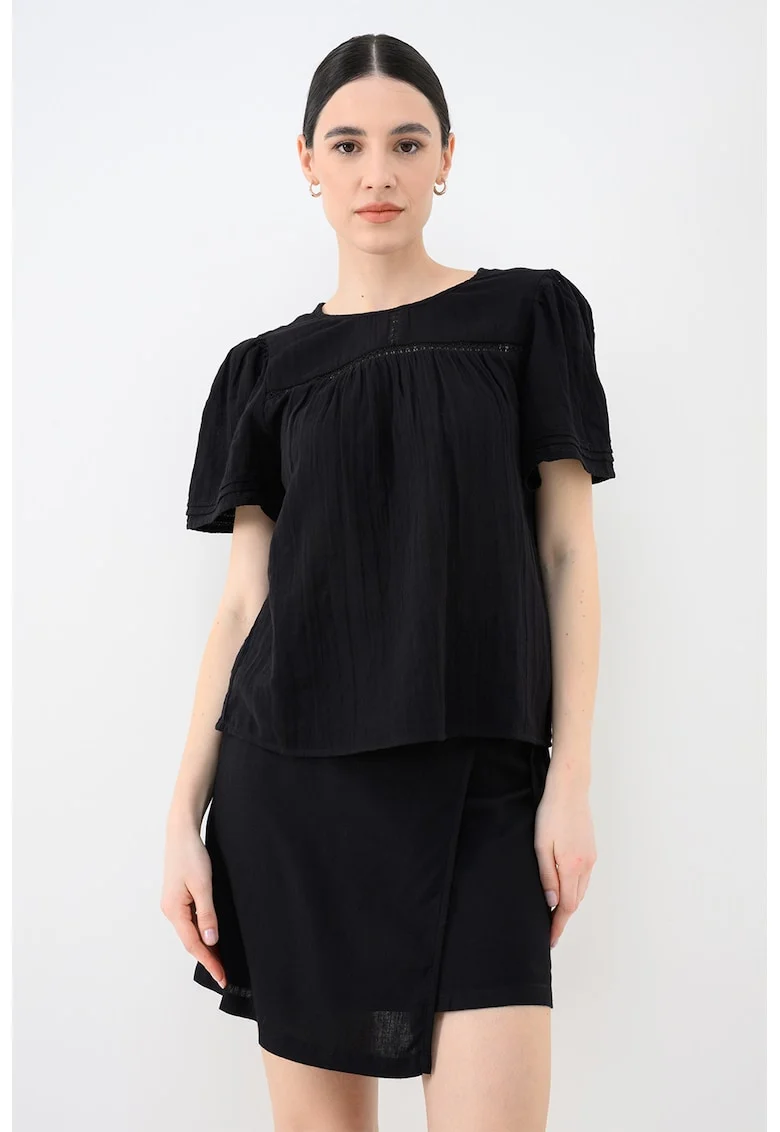 Bluza de bumbac organic cu maneci scurte si broderie, Negru