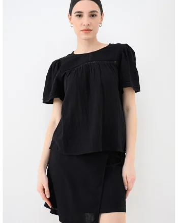 Bluza de bumbac organic cu maneci scurte si broderie, Negru
