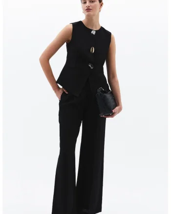 Pantaloni din amestec de lyocell cu croiala ampla si pliuri, Negru