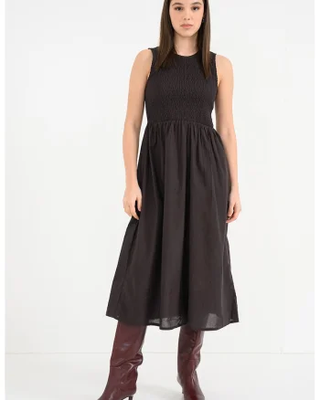 Rochie evazata cu insertii elastice, Maro inchis