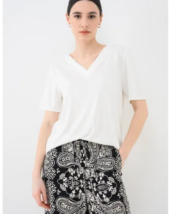 Tricou din amestec de modal cu decolteu in V, Alb
