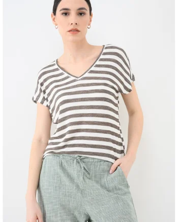 Tricou cu dungi si decolteu in V, Alb/Kaki inchis