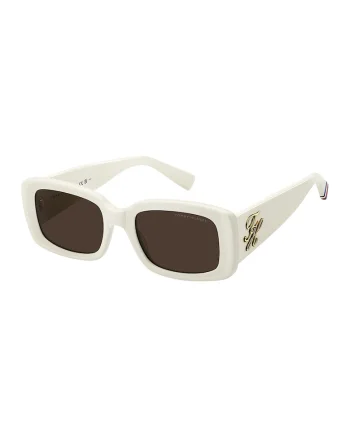 Ochelari de soare dreptunghiulari cu model cu monograma metalica, Alb/Auriu