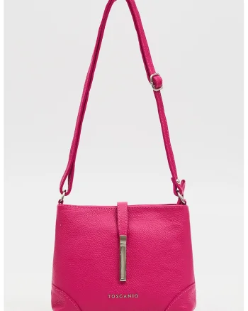 Geanta din piele cu bareta de umar si logo metalic, Fucsia