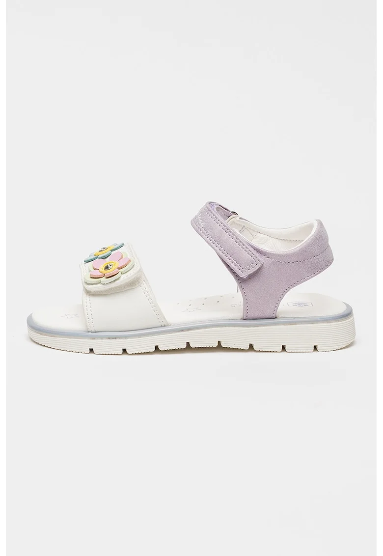Sandale din piele ecologica cu aplicatie cu model floral Lovely, Alb/Lila