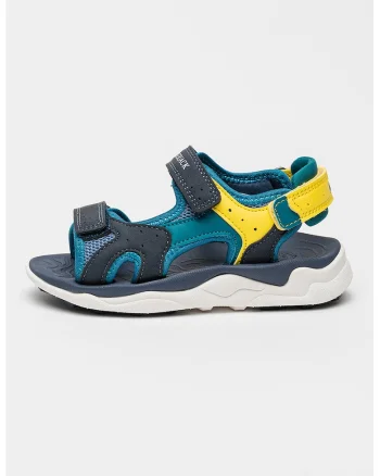 Sandale din piele ecologica si material textil cu inchidere cu velcro Wiggly, Bleumarin