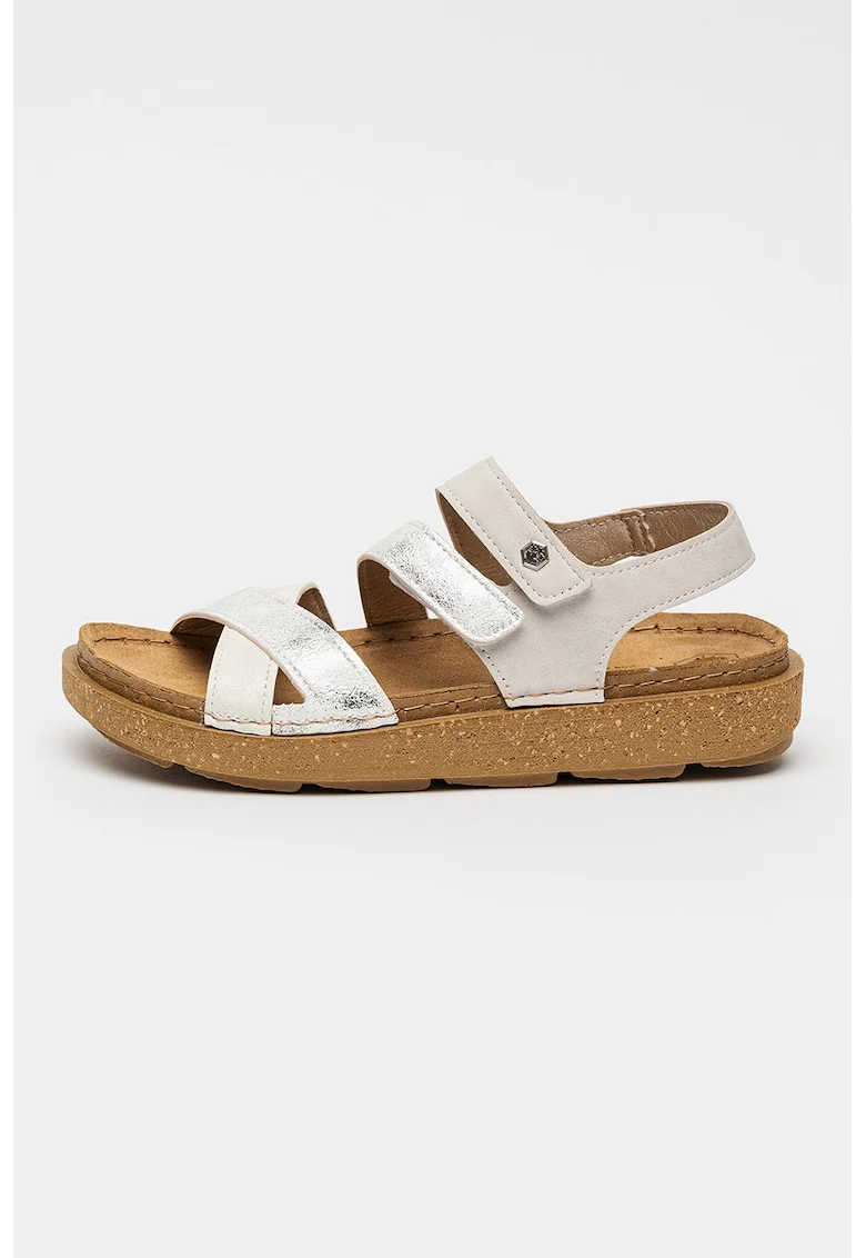 Sandale cu barete multiple, talpa joasa si inchidere velcro Nicole, Alb