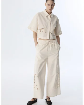 Camasa crop din amestec de in, Bej deschis